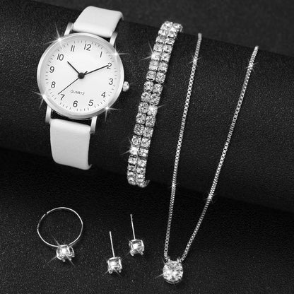 5/6PCS Fashion Women's Quartz Watch Leather Band Analog Quartz Watches with Diamond Jewelry (Without Box)