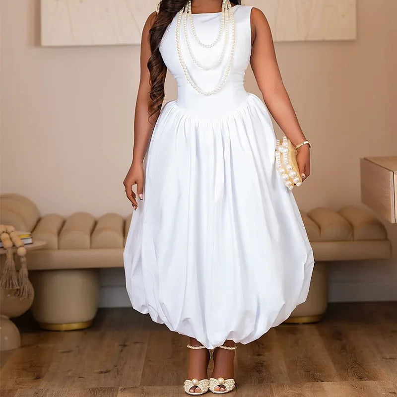 Women Elegant Dress Wedding White Round Neck Bubble Maxi Dresses Sleeveless Pleated A-Line Backless Casual Cocktail Summer Dress
