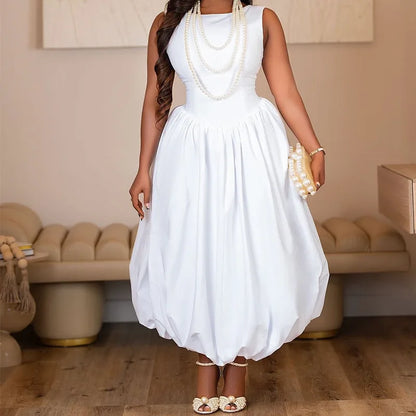 Women Elegant Dress Wedding White Round Neck Bubble Maxi Dresses Sleeveless Pleated A-Line Backless Casual Cocktail Summer Dress