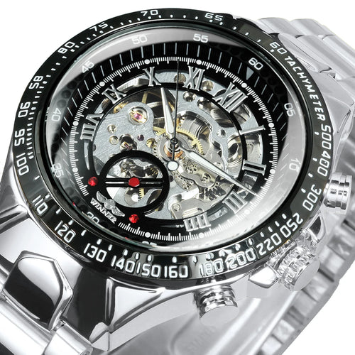 WINNER Gold Transparent Skeleton Automatic Watch for Men Luminous Pointers Luxury Brand Stainless Steel Strap Mechanical Watches