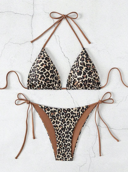 Sexy Leopard Print Two Piece Swimsuit Set Triangle Bra Suspender Halter Backless Bikini Set Beach Vacation Lace-up Swimwear 2025