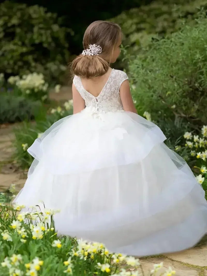 Pink Flower Girl Dresses Tulle Puffy Tiered Flory Pattern Long Sleeve For Wedding Birthday Party First Communion Gowns