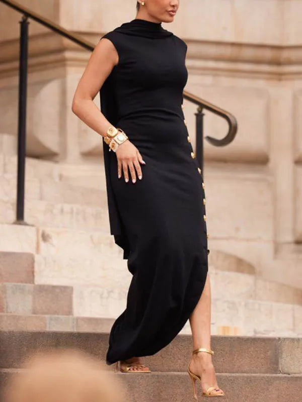 Freeacy Classy Party Dresses for Women Shawl Collar Sleeveless Side-Buttoned Split-side Maxi Dress Elegant Evening Dress