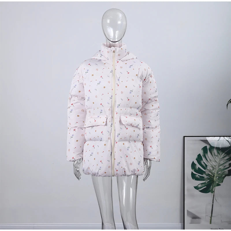Printed Hooded Puffy Cotton Jacket Women Stand Collar Long Sleeve Zipper Loose Padded Coats 2025 Winter Lady Warm Outwear Street