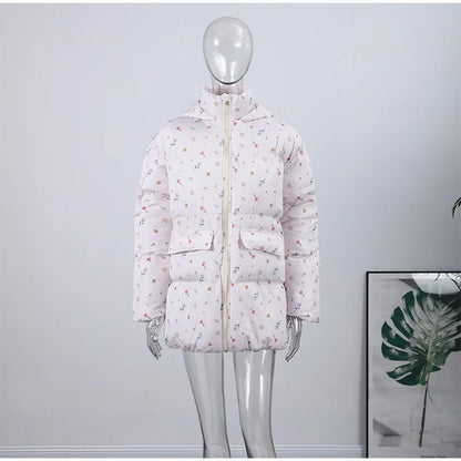 Printed Hooded Puffy Cotton Jacket Women Stand Collar Long Sleeve Zipper Loose Padded Coats 2025 Winter Lady Warm Outwear Street