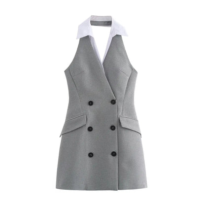 HH Female Sexy Mini Dress Grey Turn-Down Collar Sleeveless Backless Double Breasted Summer A-Line Dresses Woman New Trendy