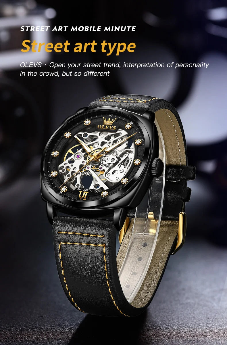 OLEVS 6651 Transparent Hollow Automatic Watches for Men Leather Strap Tonneau PUNK Style Mechanical Writwatch Luxury Man Watch
