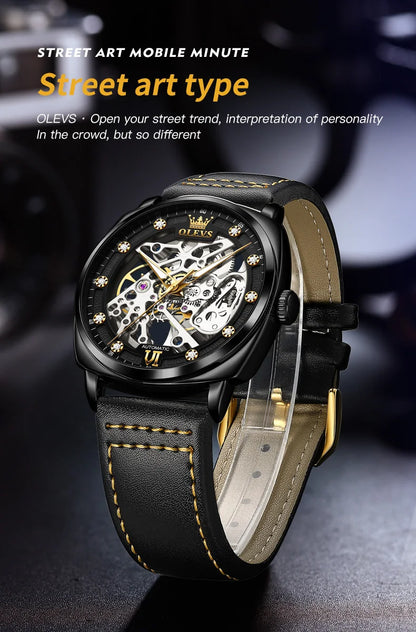 OLEVS 6651 Transparent Hollow Automatic Watches for Men Leather Strap Tonneau PUNK Style Mechanical Writwatch Luxury Man Watch