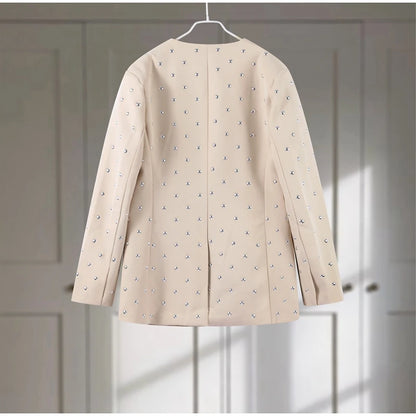 Rivet Fashion V-neck Balzer Coat Women Shoulder Pads Loose Fake Pocket Long Sleeve Jacket 2025 Spring Street Party Commute Tops