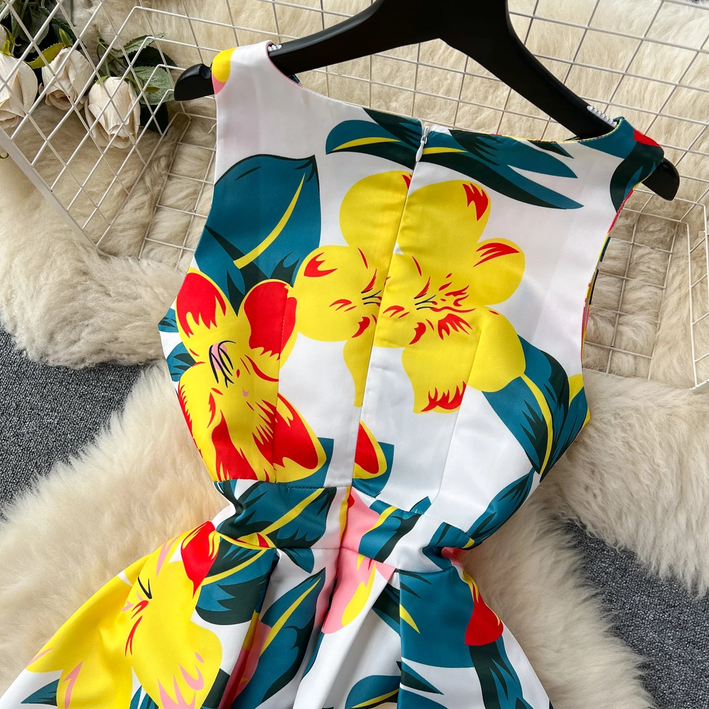 French Elegant Floral Dress Women Retro Round Neck Sleeveless Print Party Dresses Summer Slim A-line Vintage Long Robe Vestidos