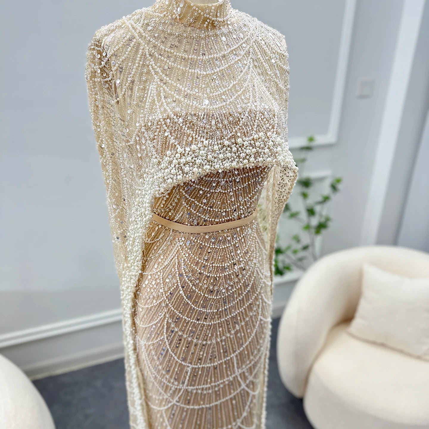 Sharon Said Luxury Pearls Dubai Champagne Evening Dresses with Cape New Arabic Women Mermaid Wedding Party Prom Dress SS369