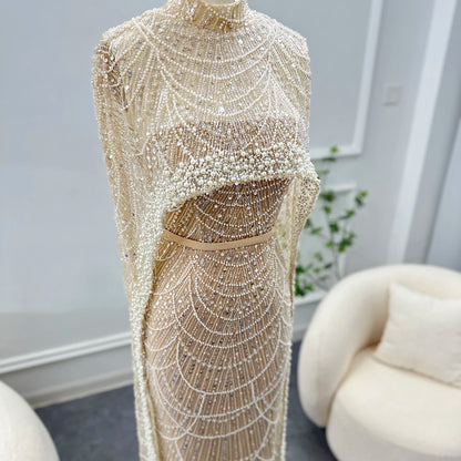 Sharon Said Luxury Pearls Dubai Champagne Evening Dresses with Cape New Arabic Women Mermaid Wedding Party Prom Dress SS369