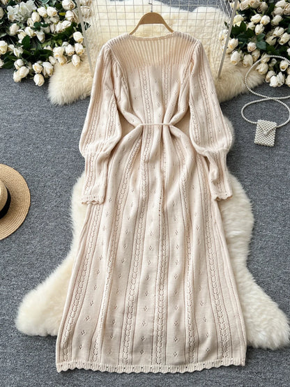Women's Solid Single Breasted Hollow Out Knit Lace-up Dress Autumn Fashion Round Neck Elegant Festival Sweater Long Dresses 2024