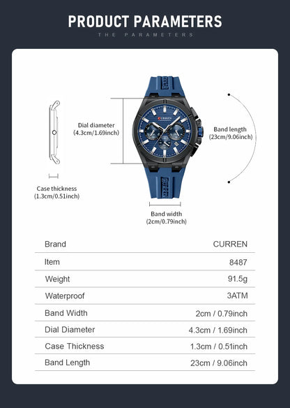 CURREN 8487 Casual Men's Quartz Wristwatch Multifunctional Chronograph Calendar Outdoor Sports Luminous Fashion Watches for Man