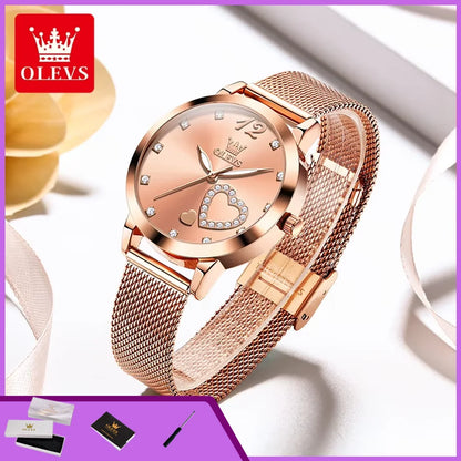OLEVS 5189 Quartz Watch for Women Diamond Love Heart Design Fashion Elegant Rose Gold Mesh Steel Strap Waterproof Ladies Watches