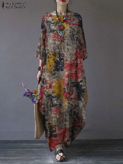 ZANZEA Bohemian Vintage Robe Women Maxi Long Dress Elegant Floral Printed Sundress Causal Loose Cotton Vestidos Autumn Dresses
