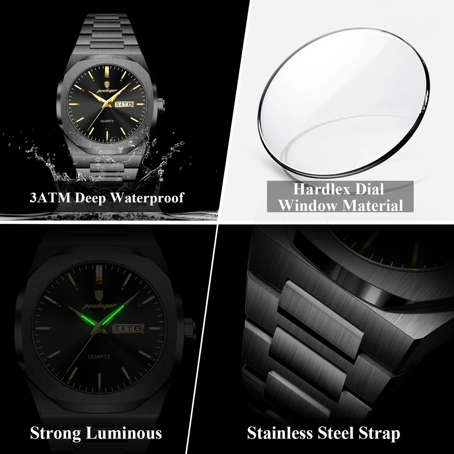 POEDAGAR Fashion Brand Man Clock Luminous Waterproof Stainless Steel Men's Watch Date Week Quartz Business Watches For Men Reloj