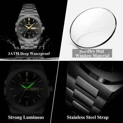 POEDAGAR Fashion Brand Man Clock Luminous Waterproof Stainless Steel Men's Watch Date Week Quartz Business Watches For Men Reloj
