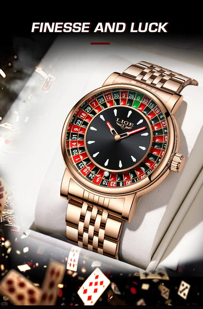 LIGE Quartz Man Watch Fashion Luxury Creative Roulette Game Dial Design Leather Casual Life Waterproof Watches for Men Gifts+Box