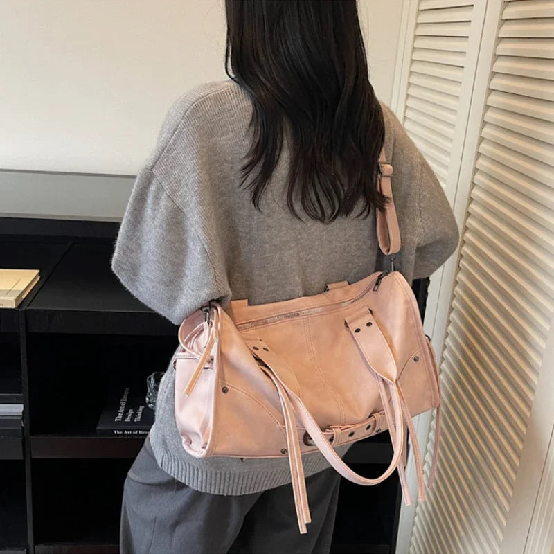 Retro Motorcycle Handbag Women Horizontal Tote Storage Tassel Design Pillow Shoulder Bag Trendy Large Capacity Soft Underarm Bag