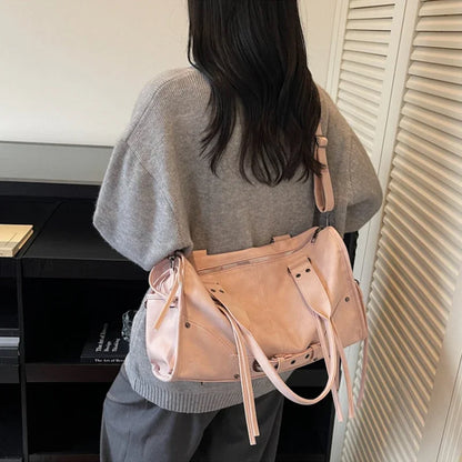 Retro Motorcycle Handbag Women Horizontal Tote Storage Tassel Design Pillow Shoulder Bag Trendy Large Capacity Soft Underarm Bag