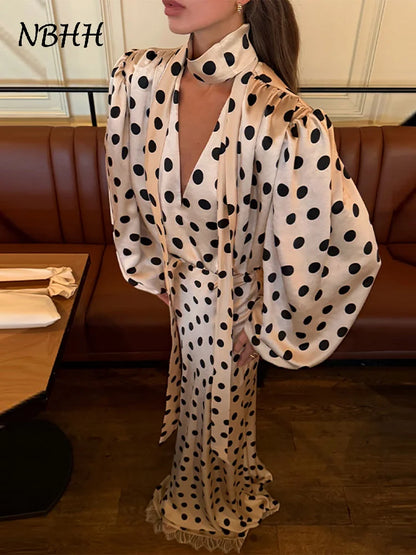 Satin Polka Dots V Neck Maxi Dress Suit Women Elegant Ribbon Full Sleeve Blouse Waist Cinching Long Skirt 2026 Lady Party Outfit