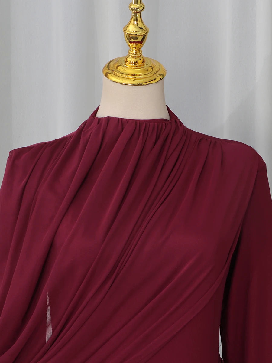 VGH Elegant Vintage Spliced Ribbon Dresses for Women Turtleneck Long Sleeve Irregular Folds Evening Luxurious Maxi Dress Female