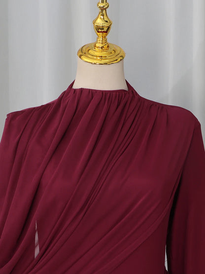 VGH Elegant Vintage Spliced Ribbon Dresses for Women Turtleneck Long Sleeve Irregular Folds Evening Luxurious Maxi Dress Female