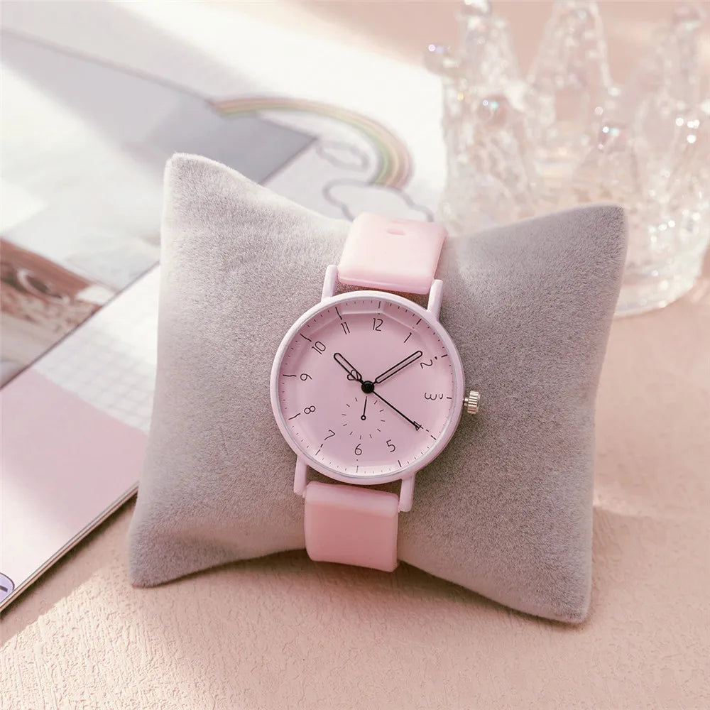 Fashion Women's Pink Minimalist Watch Silicone Strap Quartz Wristwatch Elegant Ladies Watches