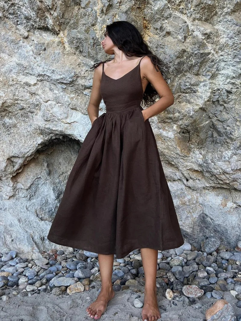 TARUXY Sexy Backless Beach Dress For Women V Neck Splice Folds Long Dresses Womens Party Elegant Bandage Maxi Sundress Female
