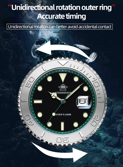 ADDIESDIVE Men's Watch BGW9 Super Luminous 316L Stainless Steel 20Bar Diving Quartz Steel Watches