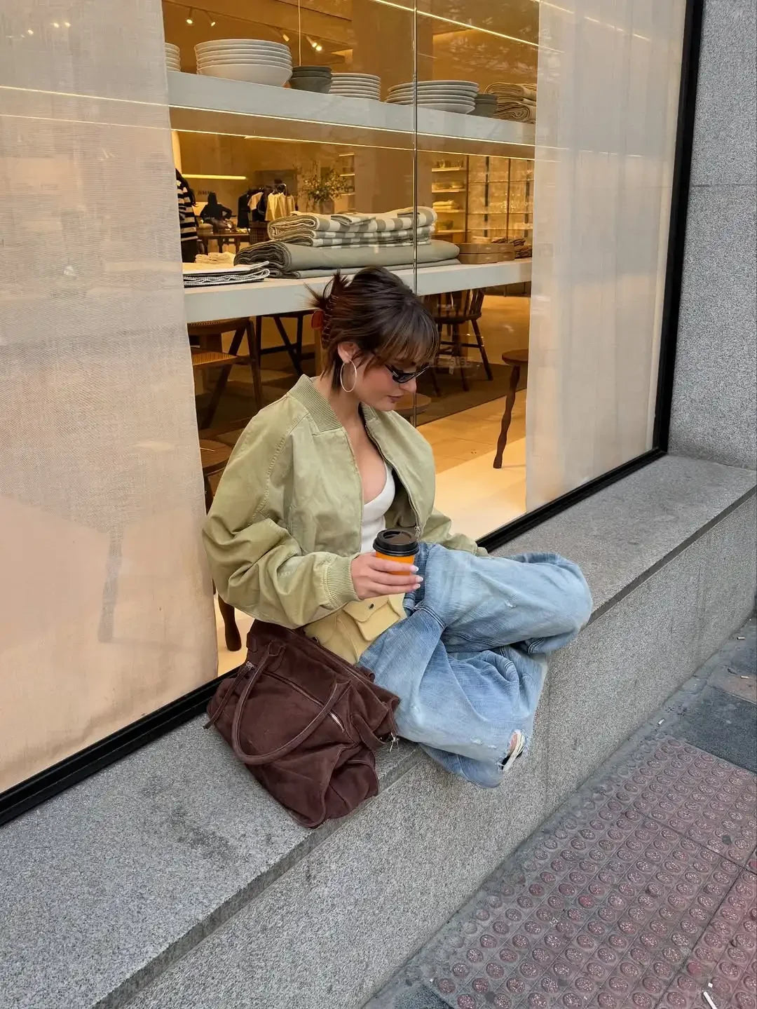 Women Khaki Cropped Bomber Jacket Chic Lapel Zipper Pocket Long Sleeve Short Coat Casual 2026 New Lady Street Daily Crop Outwear