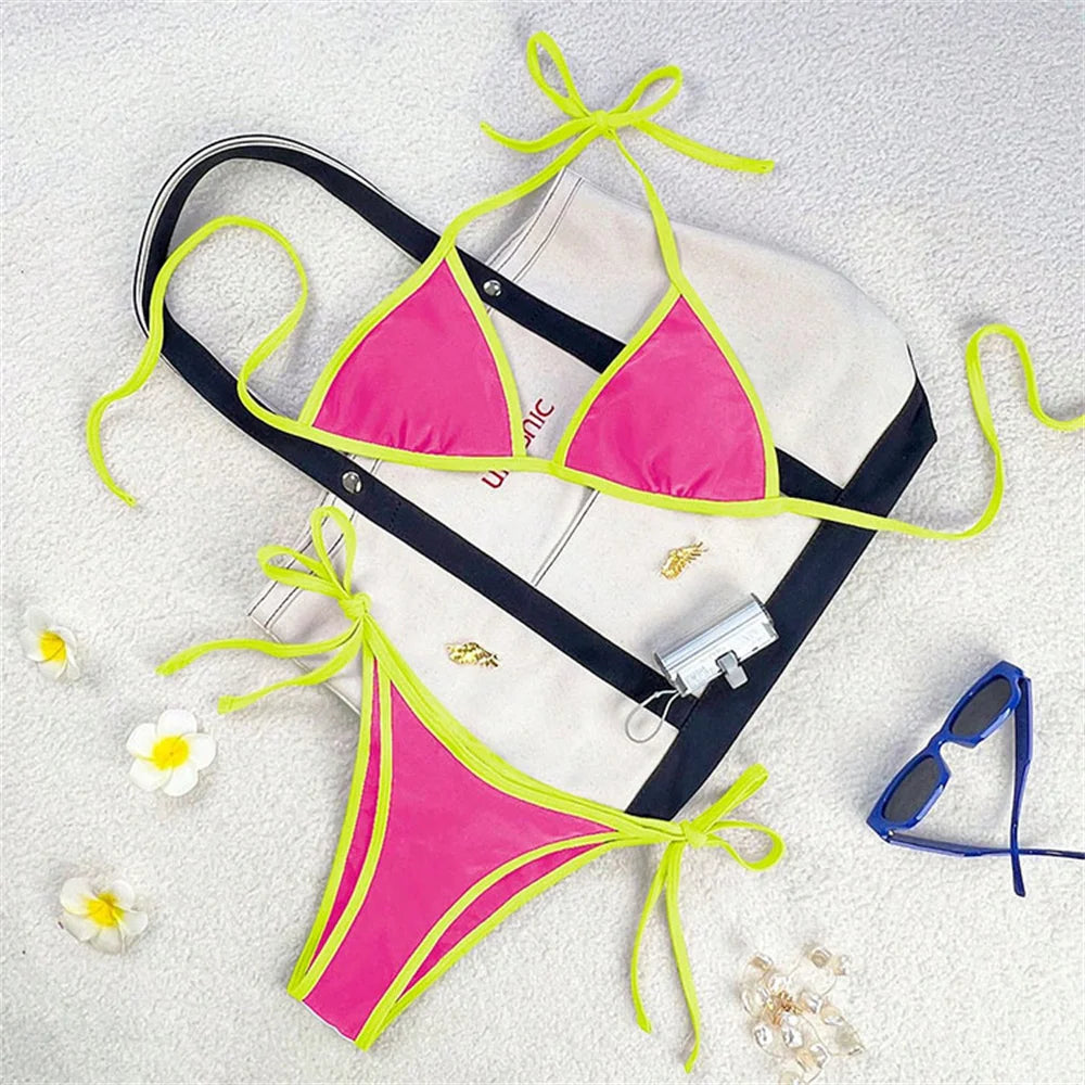 Vintage Blue Bikinis Set Triangle Border String Swimsuit Push Up Swimwear Backless Extrem Bikini Women Beach Outfit Bathing Suit
