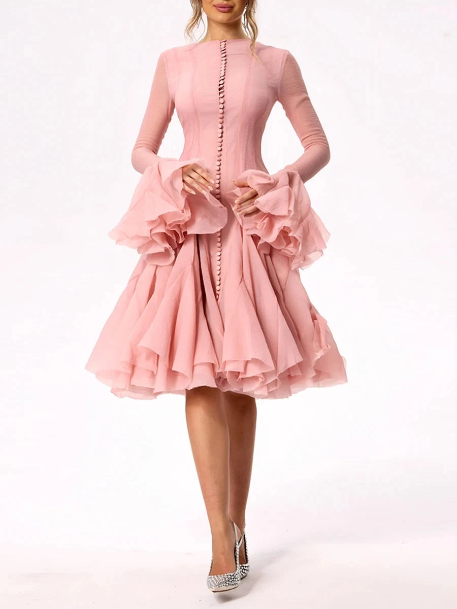 VGH Sweet Ruffles Elegant Knee Length Dresses for Women Round Neck Flare Sleeve High Waist Spliced Button  A Line Dress Female