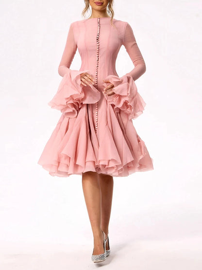 VGH Sweet Ruffles Elegant Knee Length Dresses for Women Round Neck Flare Sleeve High Waist Spliced Button  A Line Dress Female
