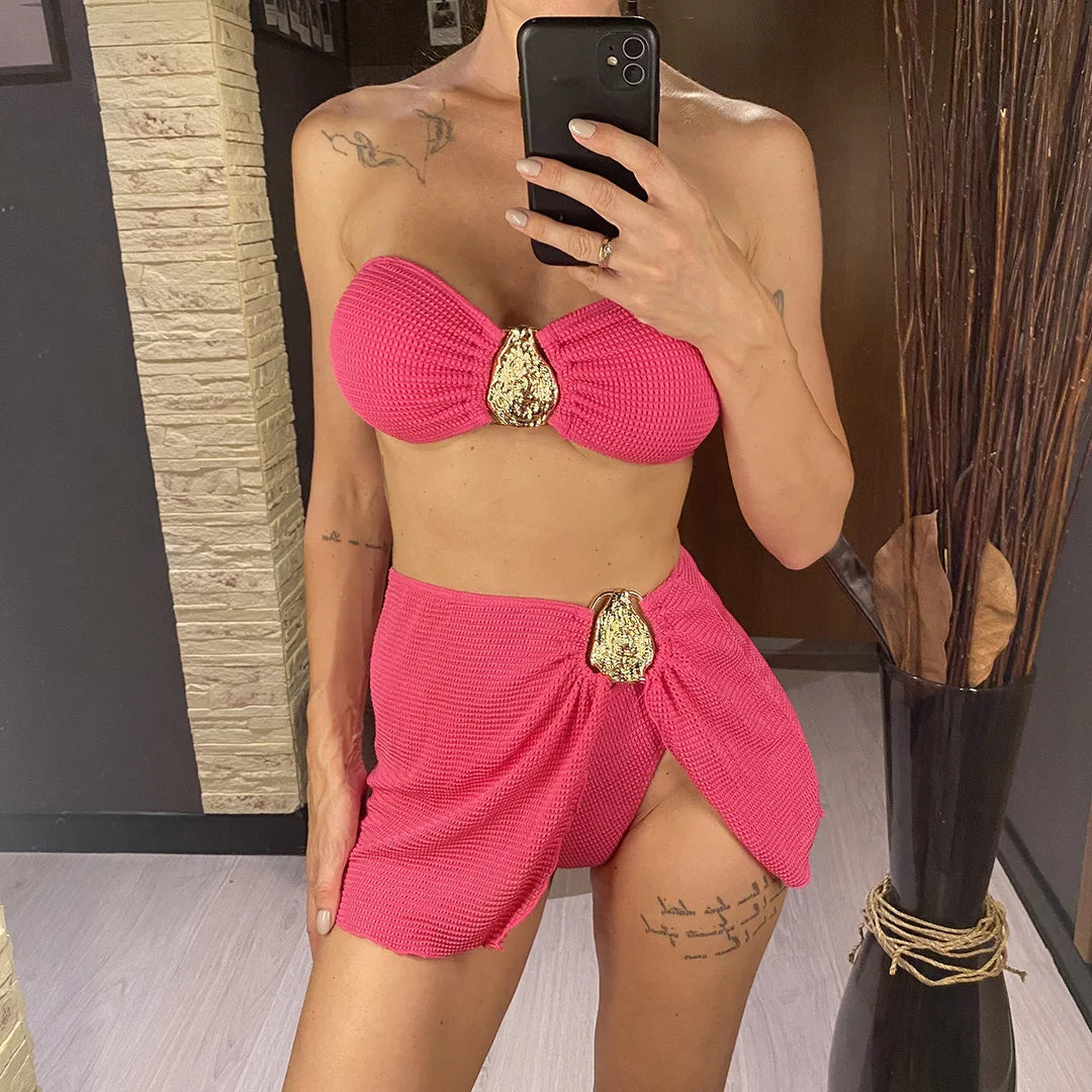 5 Colors With Skirt Bandeau Bikini Female Swimsuit Women Swimwear Three-pieces Bikini set Padded Bather Bathing Suit Swim V6624