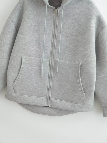 HH Autumn Women Casual Hooded Jacket Loose Oversize Zipper Hoodie Sweatshirts Solid Coat Office Lady Chic Outwear Tops