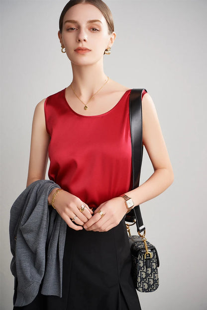 SuyaDream. Women Basic Cozy Tanks, 100%Real Silk, O neck Sleeveless Chic T Shirt, 2025 Solid Summer Vests, White, Pink, Beige