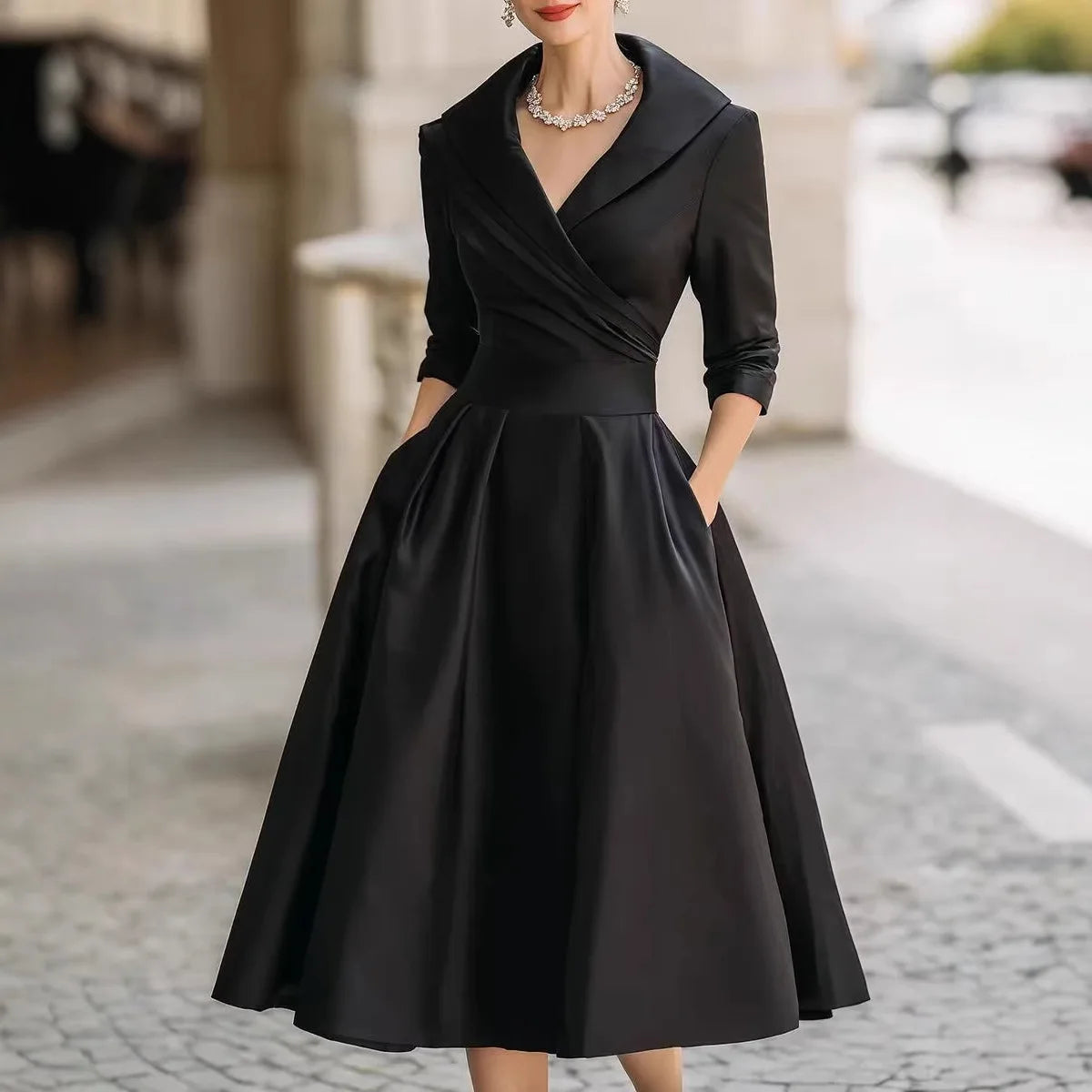 Office Lady Slim A-Line Dress Women 2025 Autumn Winter Fashion Long Sleeve Turn-down Collar Maxi Dresses Elegant Vestidos