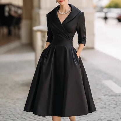 Office Lady Slim A-Line Dress Women 2025 Autumn Winter Fashion Long Sleeve Turn-down Collar Maxi Dresses Elegant Vestidos