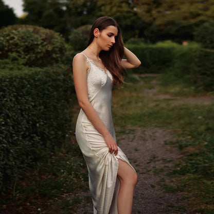 2025 Elegant Satin Solid Maxi Dresses Women Luxury Lace Splicing Sleeveless Off Shoulder Backless V-neck Robe Lady Party Outfits