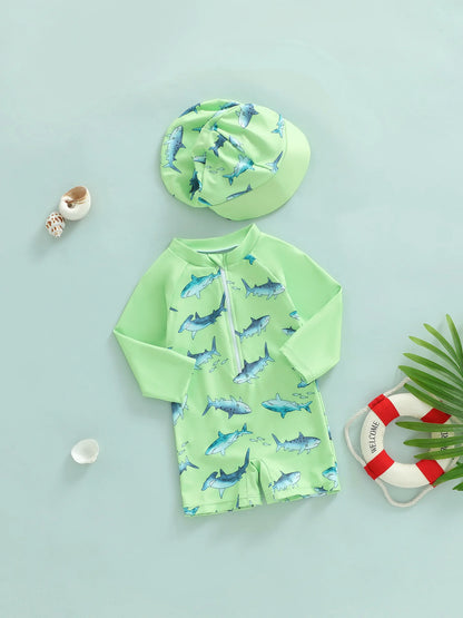 Citgeett Summer Toddler Boys Boys Rash Guard Swimsuit Print Zipper Long Sleeve Bathing Suit Swim Cap Romper Clothes