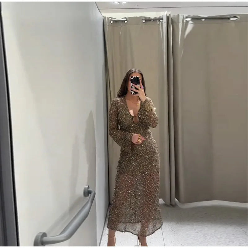 Sexy Shiny Deep V-neck Long Dress Women Flare Sleeve Hollow See Through Party Evening Dresses Female 2025 Summer Lady Slim Robes
