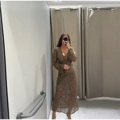 Sexy Shiny Deep V-neck Long Dress Women Flare Sleeve Hollow See Through Party Evening Dresses Female 2025 Summer Lady Slim Robes