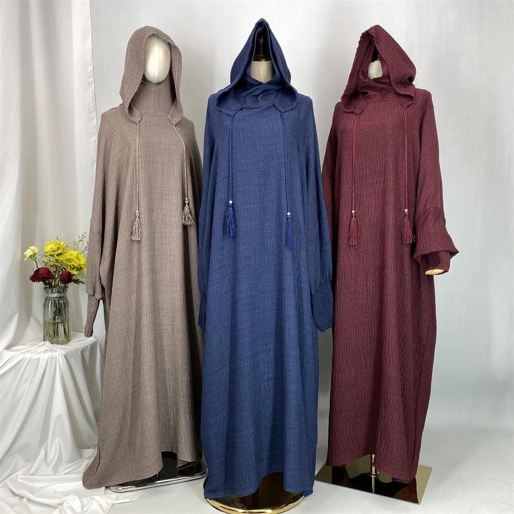 Hot Seller Ramadan Islamic Clothing Wrinkle Polyester Hoodie Abaya Dress With Undercap Muslim Women Abaya Hoodie Causal Dresses
