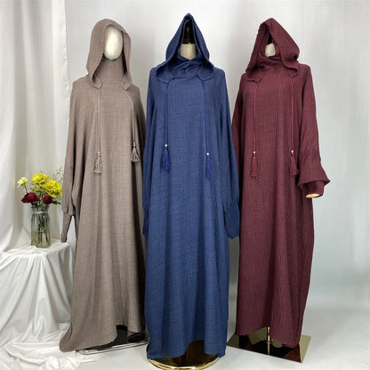 Hot Seller Ramadan Islamic Clothing Wrinkle Polyester Hoodie Abaya Dress With Undercap Muslim Women Abaya Hoodie Causal Dresses