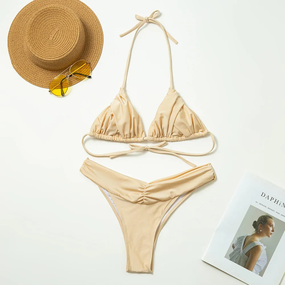 Sexy Bikini Set 2024 New Solid Pleated Bikini Swimwear Push Up Halter Swimsuit White Color Bathing Suits for Women