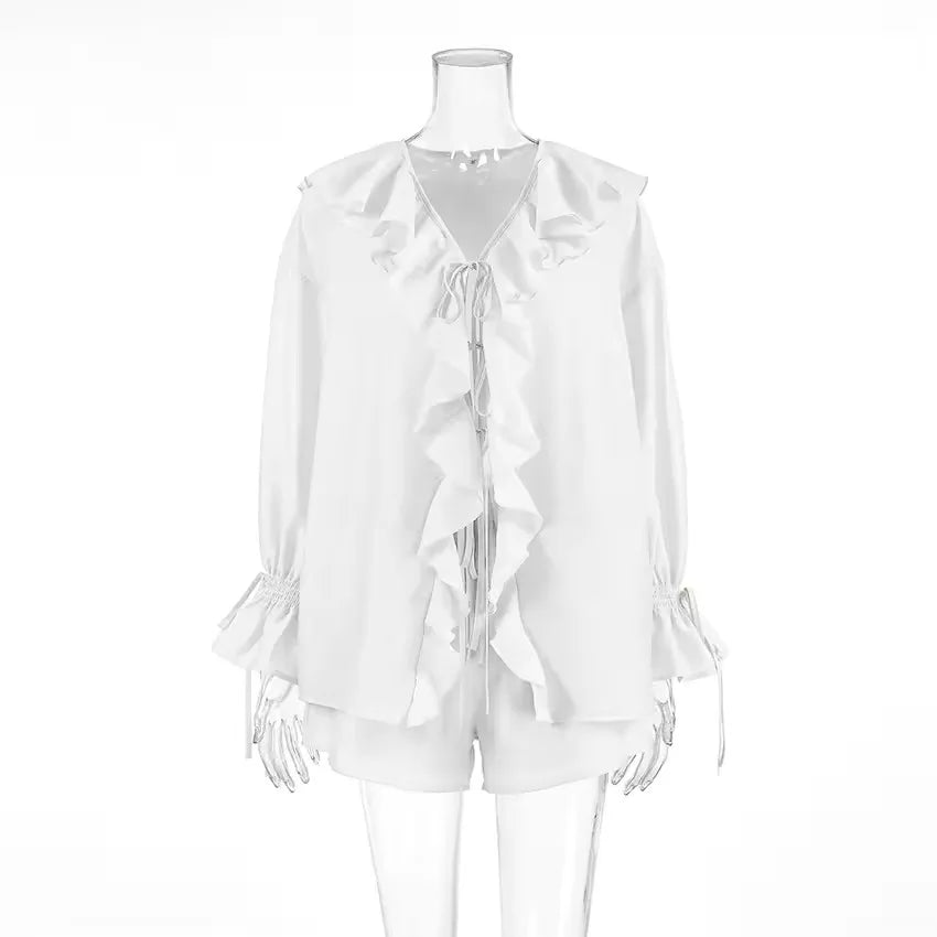 Casual Ruffled Shirt Shorts 2-Piece Set Women V Neck Flare Sleeve Lace-up Loose Blouse Shorts Suit Summer Beach Vacation Outfits