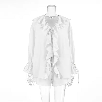 Casual Ruffled Shirt Shorts 2-Piece Set Women V Neck Flare Sleeve Lace-up Loose Blouse Shorts Suit Summer Beach Vacation Outfits