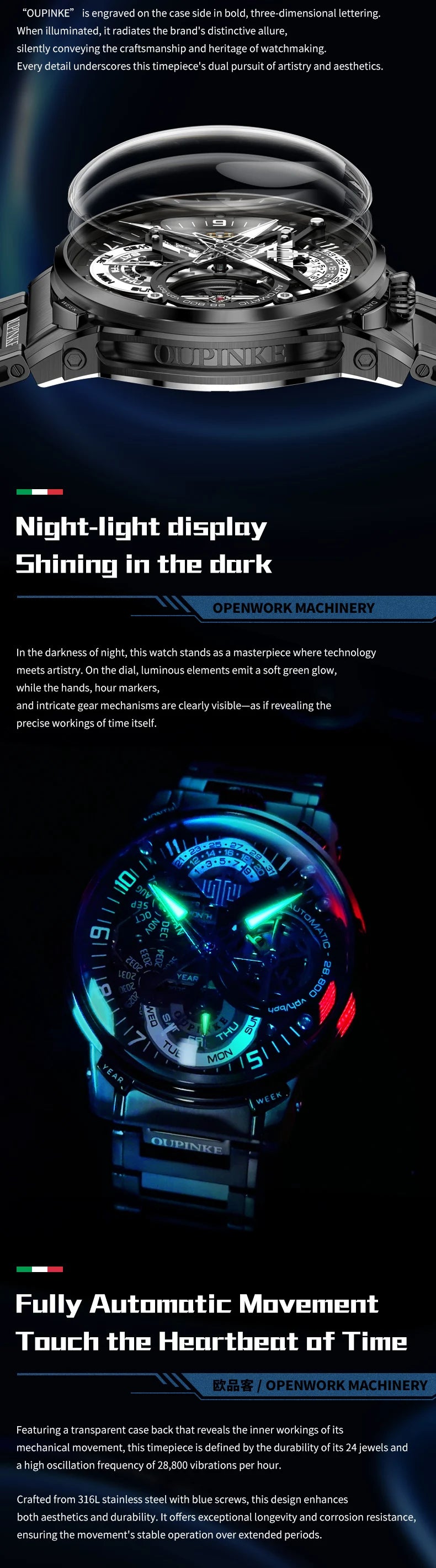 OUPINKE Black Steel Tourbillon Mens Wrist Watches Skeleton Automatic Mechanical Watch Fashion Wrist Watch Mens Sapphire